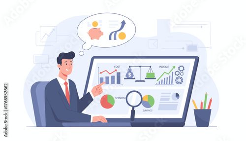 Business analytics concept, a man in a suit analyzes financial data on a laptop, showing cost and income balance, spending and savings charts, and a piggy bank for investment growth, symbolizing