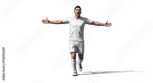 Soccer player celebrates victory with arms outstretched, conveying triumph and exhilaration on a bright white background