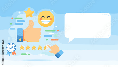 Vivid illustration of customer satisfaction concept with a prominent thumbs-up gesture, a happy emoji, and a five-star rating system, accompanied by a checkmark badge and a speech bubble for
