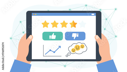 Customer reviews concept on a tablet screen held by hands, featuring star ratings, like/dislike buttons, a growth chart, and a thought bubble with happy emoticons, representing user feedback and