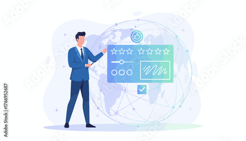 Businessman interacting with a digital feedback form interface, featuring star ratings, sliders, radio buttons, and a checkmark, all set against a stylized globe with network connections