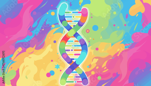 Vibrant and colorful illustration of a DNA double helix molecule, symbolizing genetics, science, and biochemistry, set against a psychedelic, abstract, and fluid background with swirling shapes and