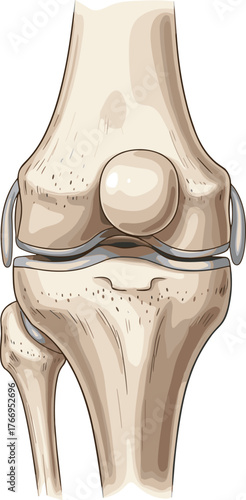Human knee joint, anatomical illustration, femur bone, tibia structure, patella detail, cartilage layer, medical diagram, joint capsule, orthopedic reference, physiology study