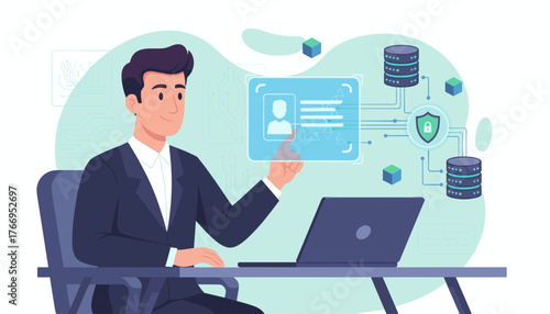 Digital Identification Concept: A businessman interacts with a futuristic holographic interface displaying personal data and security protocols, symbolizing data management and cybersecurity in the
