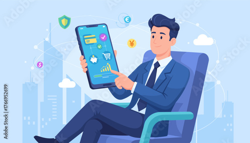 Digital online payment concept, a businessman in a blue suit sits in a chair, holding a smartphone displaying financial charts, shopping cart, piggy bank, and credit card icons, with city skyline and