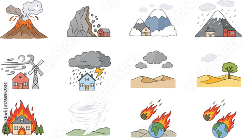 Natural disasters, environmental hazards, volcano eruption, tornado impact, wildfire danger, meteor strike, drought scene, storm damage, avalanche risk, disaster icons
