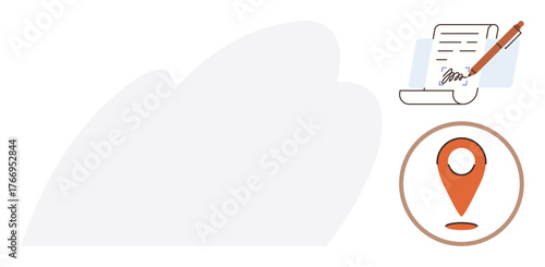 Hand signing document with pen conveys agreement or contract while location pin circle suggests place or delivery. Ideal for agreements, contracts, logistics, business, navigation, partnerships