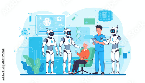 Advanced medical technology showcases AI robots assisting a doctor in patient care, diagnostics, and treatment, featuring futuristic healthcare innovations and scientific research elements like DNA
