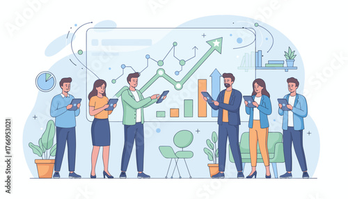 Diverse team of professionals collaborating around a digital dashboard displaying upward trending graphs and data analytics, symbolizing startup growth and business development in a modern office