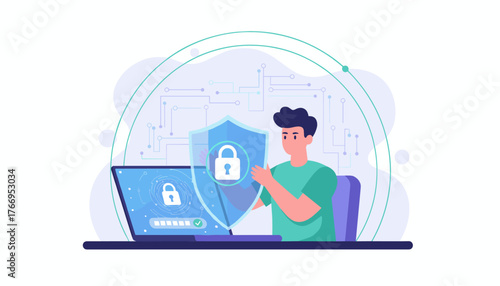Digital security concept: a person holding a shield with a lock symbol in front of a laptop displaying a password entry field and a lock icon, representing secure login and authentication in the