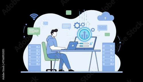 Modern flat illustration of a person working on a laptop, symbolizing software updates, upgrades, and technological progress with cloud integration, servers, and binary code elements, representing