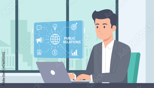 Public Relations Concept: A Focused Businessman Works on His Laptop, Surrounded by Icons Representing Communication, Strategy, and Growth, Set Against a Cityscape Backdrop, Illustrating Modern PR