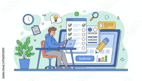 Modern flat illustration of a young man sitting at a desk and completing an online survey or evaluation form on his laptop, with checklist, progress bars, and submit button visible on screen