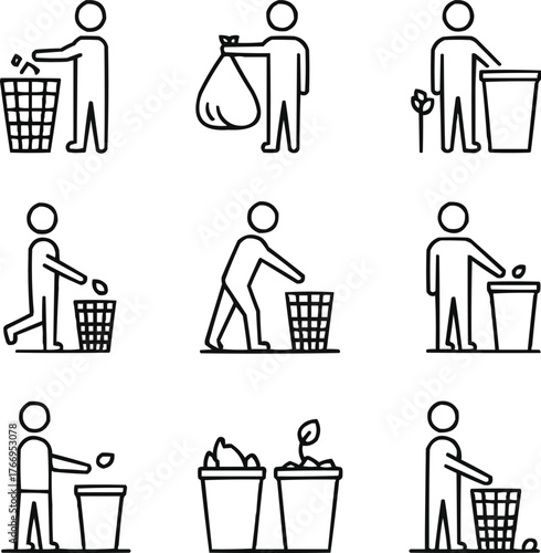 People and Rubbish Bin Outline Icons Set  Waste Management and Cleanup Symbols
