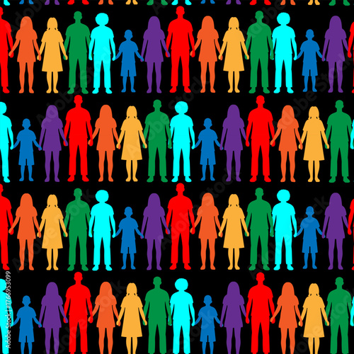 lgbtqia pride month seamless background large group people silhouettes standing in unity solidarity demonstrating equality and human rights