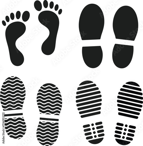Footprint and shoe sole vector, bare feet and tread patterns, forensic comparison design, walking motion concept, identification illustration set