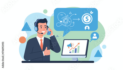 Smiling male customer service representative wearing a headset and suit, talking on the phone, with a computer screen showing a growth chart and megaphone, and a speech bubble illustrating a business