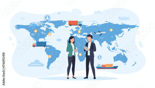 Global logistics and transportation concept with business professionals overseeing international shipping routes, cargo trucks, airplanes, and container ships, illustrating supply chain management