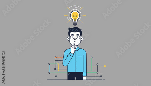A thoughtful Asian man wearing glasses and a blue shirt gazes upwards with a finger on his chin, contemplating a bright, glowing lightbulb symbolizing a new idea or innovation, set against a neutral