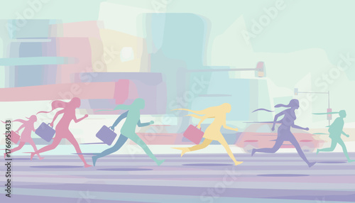 Dynamic illustration of diverse urban pedestrians in motion, depicted as colorful silhouettes with briefcases, rushing across a blurred street with traffic lights and vehicles, conveying a sense of