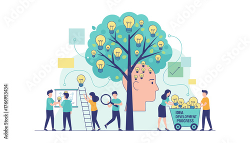 Conceptual illustration of idea development and progress, symbolizing creativity and innovation as a tree of light bulbs growing from a human head, with people collaborating and gathering new ideas