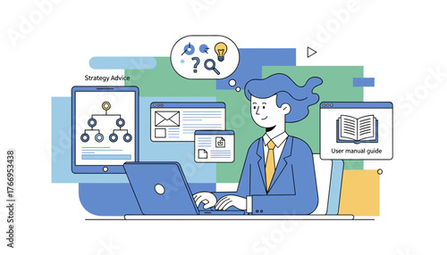 Business professional analyzing strategy advice on a tablet, working on a laptop with online instruction manuals and user guides, brainstorming ideas with a lightbulb and question marks, representing