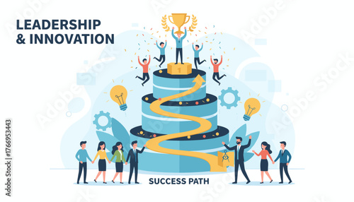 Vibrant vector illustration depicting leadership and innovation, showcasing a team climbing a tiered success path towards a golden trophy, symbolizing achievement, growth, and collaborative effort in