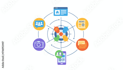 Vivid and colorful illustration depicting various communication channels and digital interactions, including social media, news, email, photography, and web browsing, all connected to a central hub
