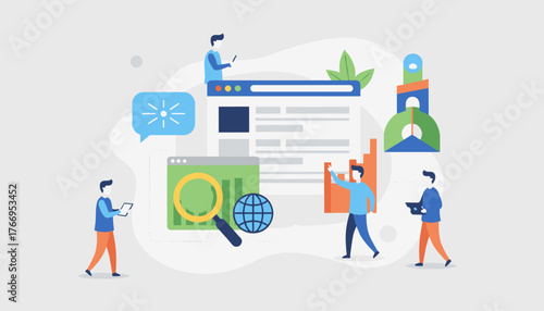 Vibrant flat illustration of a digital marketing team analyzing online news and social media data, using magnifying glass on charts and global network icons, symbolizing business growth and strategy