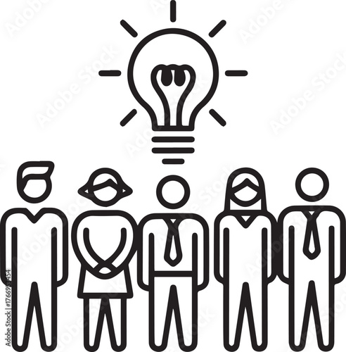 Diverse team collaborating on innovative idea with bright lightbulb symbolizing inspiration and successful project launch