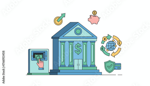 Vivid flat illustration of a modern bank building with columns and a dollar sign, symbolizing financial services, alongside an ATM dispensing cash, a piggy bank for savings, global currency exchange