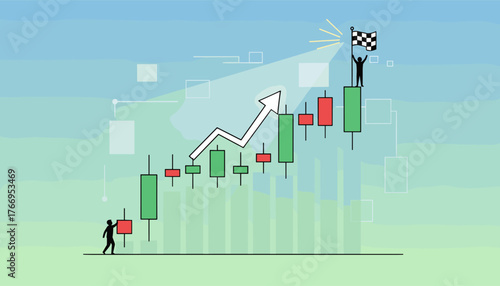 Vector illustration of a candlestick stock chart showing upward trend and success, with a silhouette of a person holding a checkered flag at the peak, symbolizing achievement and financial growth