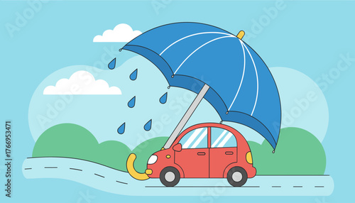 Vibrant vector illustration depicting a red car safely covered by a large blue umbrella during a rain shower, symbolizing comprehensive car insurance and protection against the elements, set against