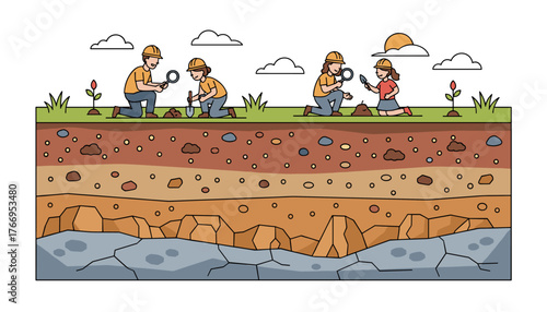 Vector illustration depicting a cross-section of the Earth's geological layers with archaeologists carefully excavating and examining soil samples under a bright sun and cloudy sky, showcasing