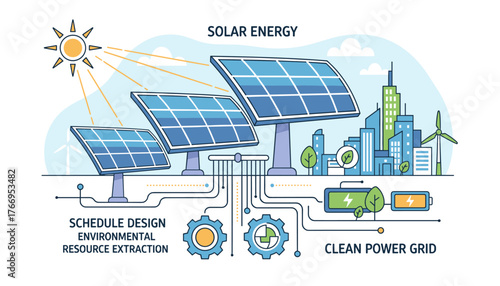 Vibrant vector illustration depicting the concept of solar energy and a clean power grid, featuring solar panels, wind turbines, a cityscape, batteries, and gears, symbolizing sustainable resource