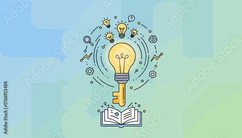 Vibrant vector illustration depicting a creative concept of an idea represented by a glowing light bulb atop a key, emerging from an open book, surrounded by symbols of innovation and learning, set