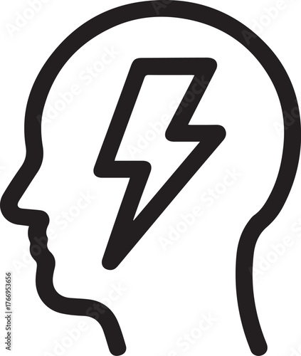 Dynamic concept icon representing brilliant idea or sudden inspiration with lightning bolt inside head outline, perfect for innovation and creativity themes.