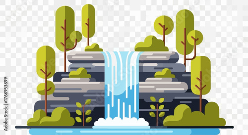 Simple vector illustration of   of a waterfall cascading down rocks surrounded by trees and bushes in nature scene . silhouette