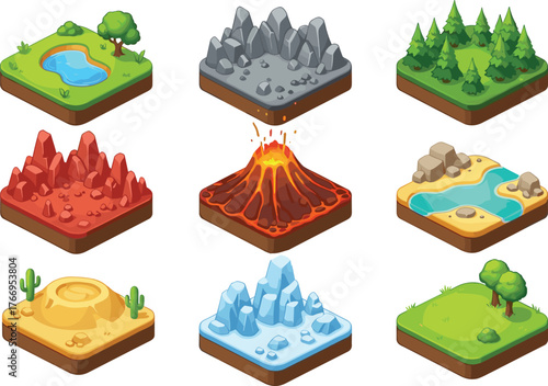 Terrain tiles, cartoon landscape, natural biomes, grassy field, rocky canyon, icy ground, forest trees, desert sand, beach shore, lava crater