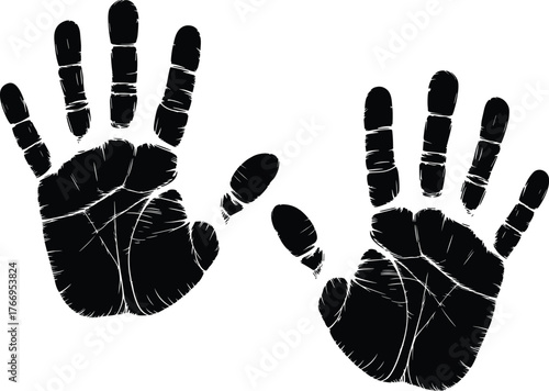 Realistic black handprints vector, ink impression design, fingerprint texture, biometric art, forensic identity illustration, palm print silhouette graphic