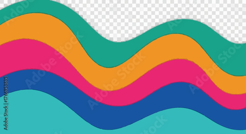 Simple vector illustration of  colorful wavy layers of teal blue pink and orange stacked on top of each other in a wave pattern . silhouette