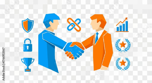 Simple vector illustration of  two people shaking hands with various icons symbolizing success and security around them . silhouette