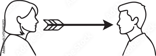 Two people facing each other with an arrow symbolizing communication or conflict between them, perfect for conveying ideas or disputes.