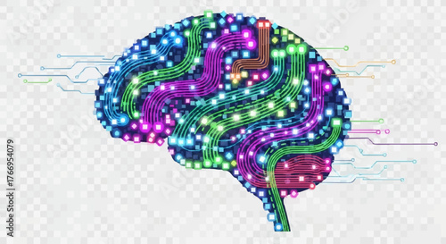Simple vector illustration of  brain graphic with colorful lines and nodes representing neural pathways and digital connections design . silhouette