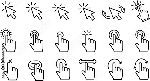 Touch gesture and cursor icon vector set in outline style, including swipe, tap, drag, zoom, scroll, and click symbols for UI/UX design