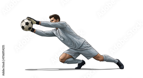 Dynamic goalkeeper dives to make a crucial save, demonstrating agility and focus on the soccer field with intense determination.