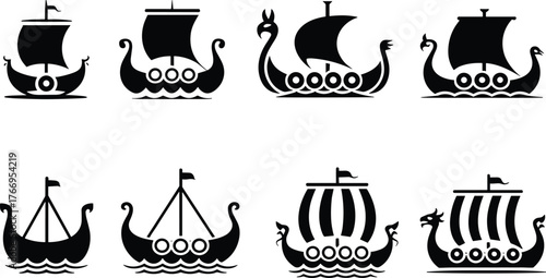 Viking Longship Vector Illustration Set with Various Types of Ancient Norse Dragon Boats and Drakkars for Historical and Nautical Designs