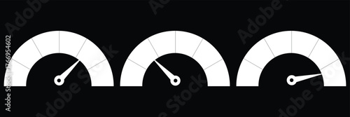 Credit Score chart icon set. Dashboard speedometer icons set. Tachometer icon isolated. Performance indicator sign. Car speed. Fast internet speed sign. Stock flat vector minimalist and modern concept