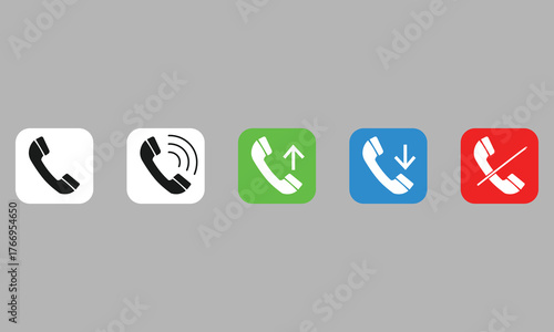 Minimalist UI design featuring five rounded call buttons for outgoing, incoming, and rejected calls with colored icons on gray background