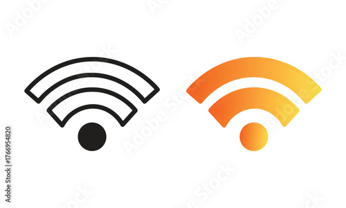 Three Wi-Fi signal icon variations in black line, flat gradient, and 3D orange styles on white background, minimalist vector design